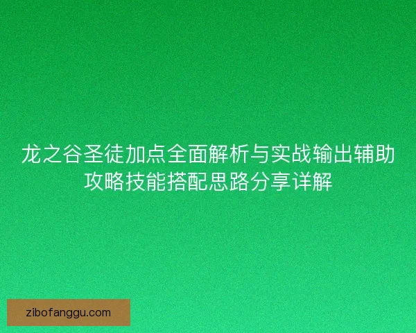 龙之谷圣徒加点全面解析与实战输出辅助攻略技能搭配思路分享详解